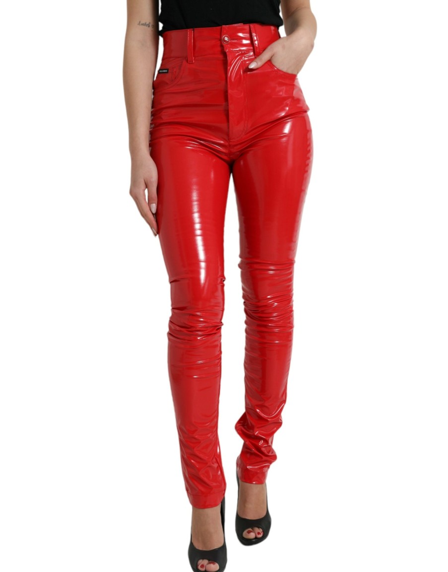 Women Dolce & Gabbana Women'S Pants & Jeans | Dolce & Gabbana Shiny Red High Waist Skinny Pants