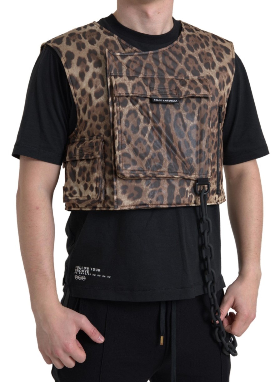 Men Dolce & Gabbana Men'S Vests | Dolce & Gabbana Brown Leopard Silk Sleeveless Sportswear