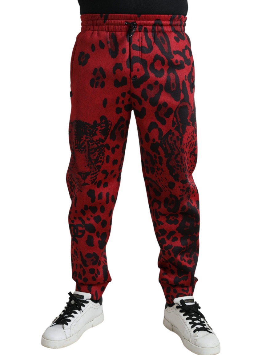 Men Dolce & Gabbana Men'S Jeans & Pants | Dolce & Gabbana Red Black Leopard Stretch Jogger Pants