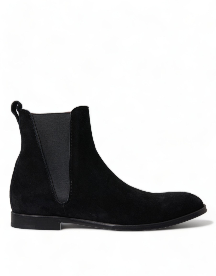 Men Dolce & Gabbana Men'S Boots | Dolce & Gabbana Black Suede Leather Mid Calf Men Boots Shoes