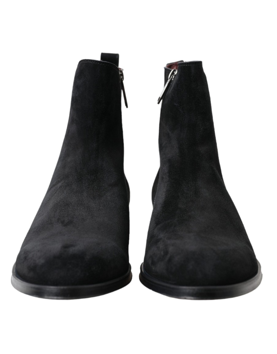 Men Dolce & Gabbana Men'S Boots | Dolce & Gabbana Black Suede Leather Mid Calf Men Boots Shoes