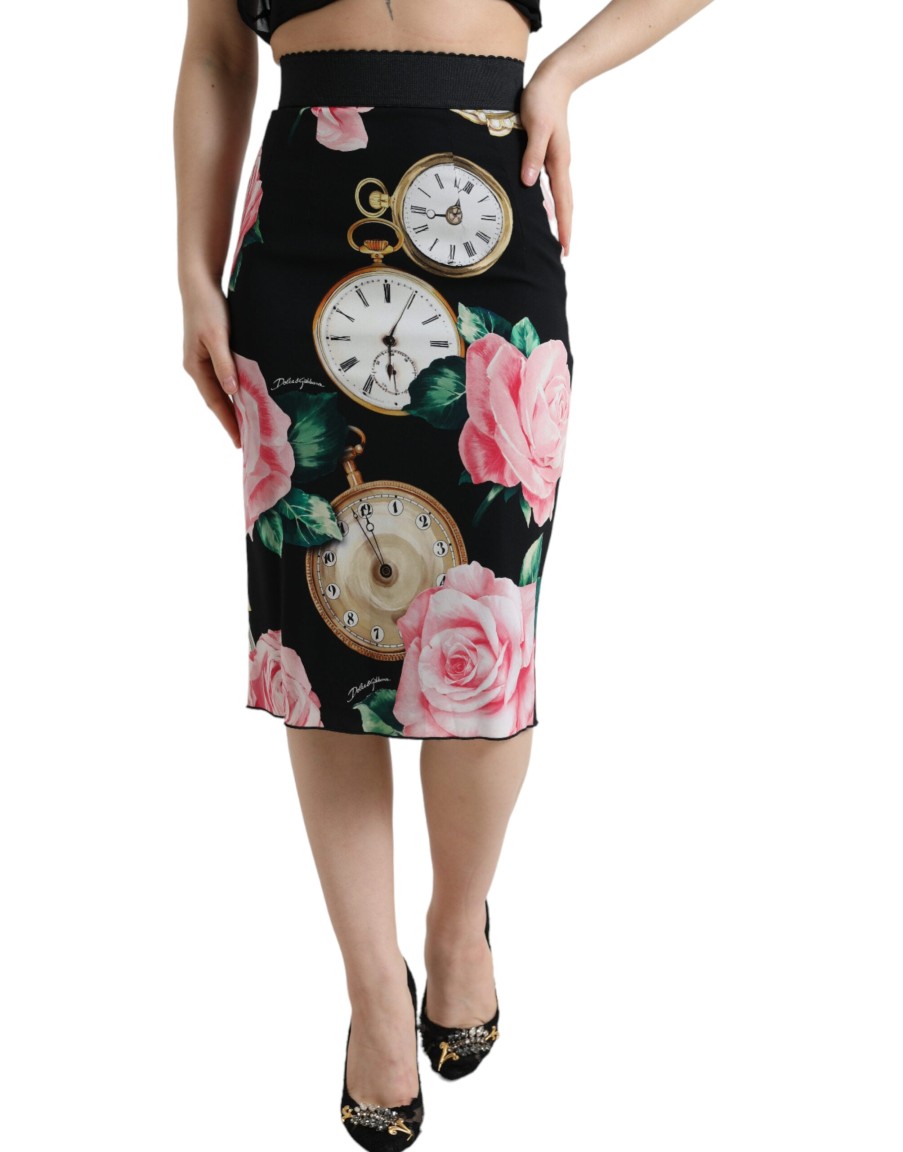 Women Dolce & Gabbana Women'S Skirts | Dolce & Gabbana Black Rose Clock High Waist Pencil Cut Skirt