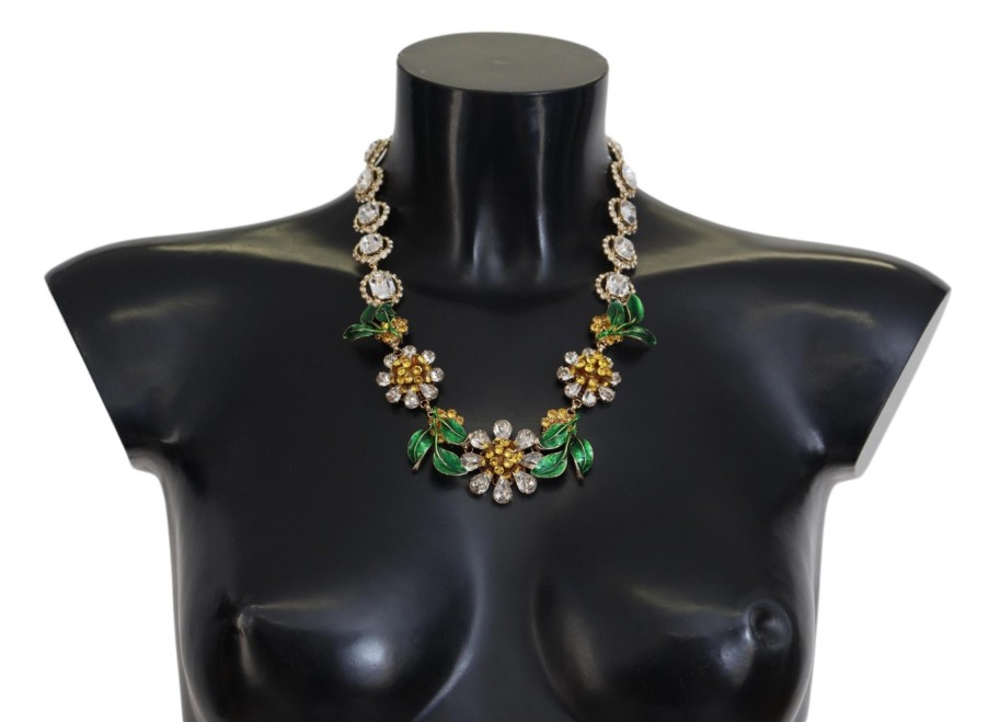 Women Dolce & Gabbana Women'S Necklaces | Dolce & Gabbana Gold Brass Crystal Logo Floral Statement Necklace