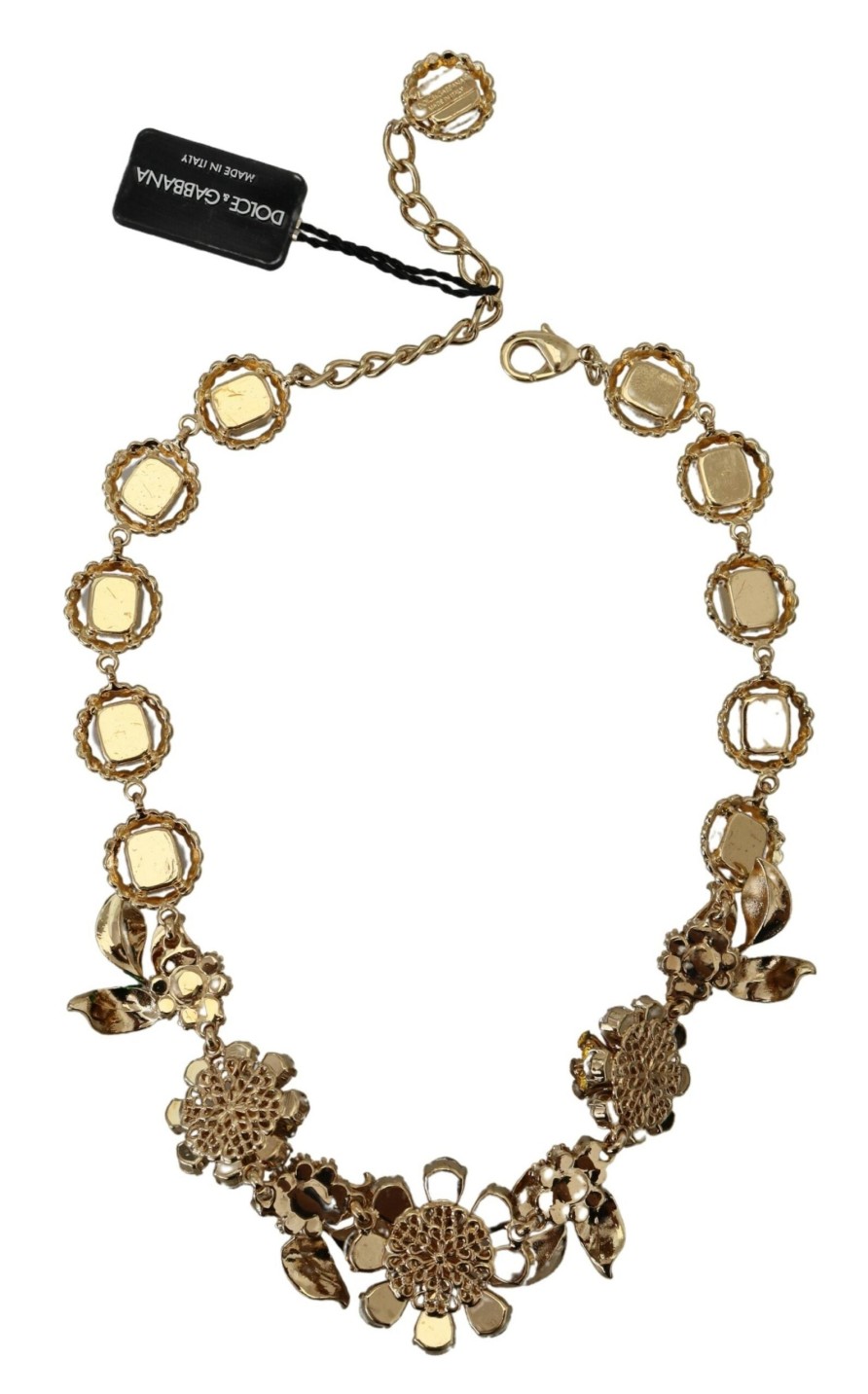 Women Dolce & Gabbana Women'S Necklaces | Dolce & Gabbana Gold Brass Crystal Logo Floral Statement Necklace