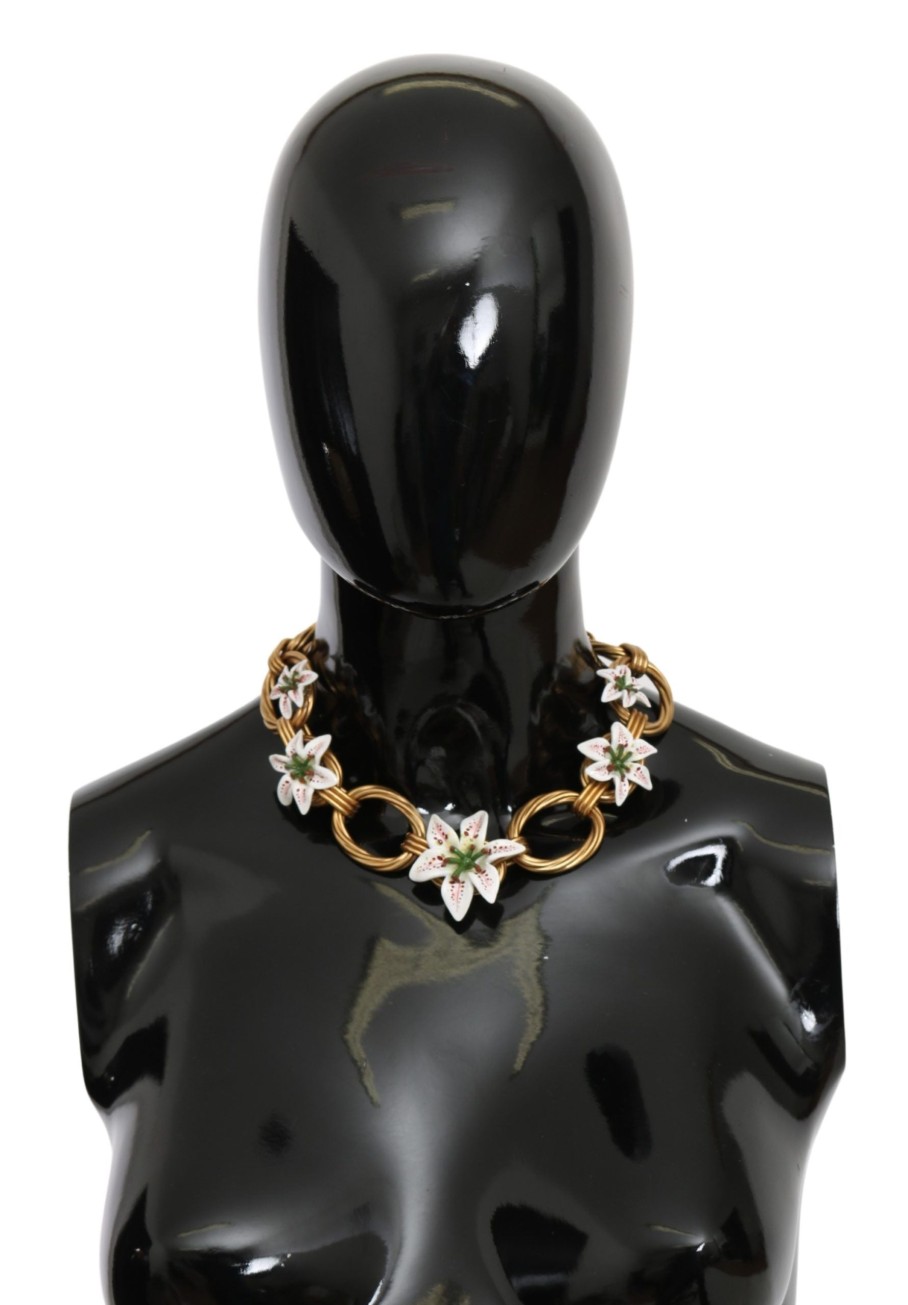 Women Dolce & Gabbana Women'S Necklaces | Dolce & Gabbana White Floral Lilium Pendant Gold Chain Brass Pearl Nec