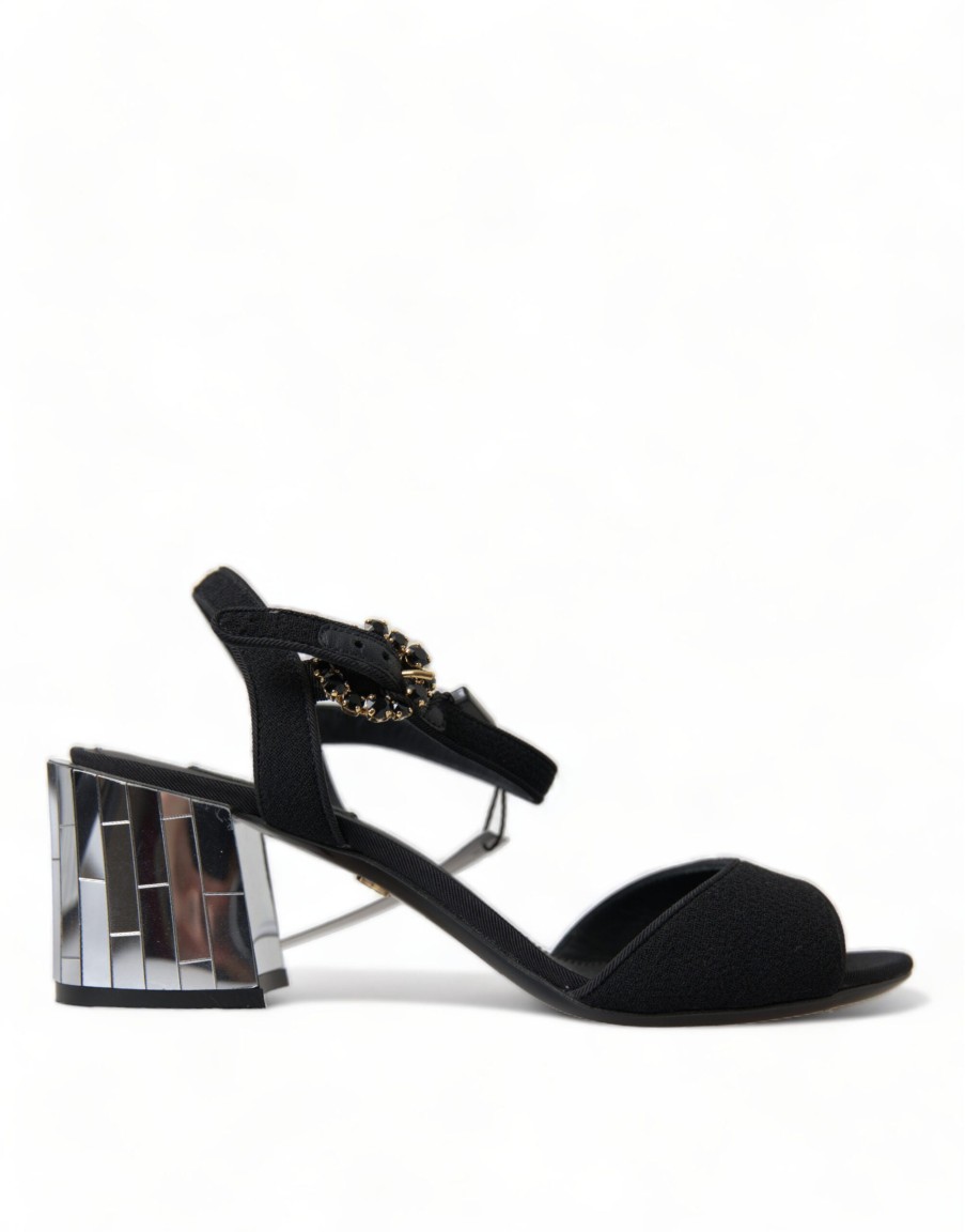 Women Dolce & Gabbana Women'S Sandals | Dolce & Gabbana Black Crystals Ankle Strap Sandals Shoes