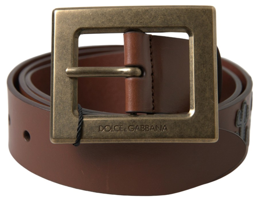 Men Dolce & Gabbana Men'S Belts | Dolce & Gabbana Brown Leather #Dgfamly Square Buckle Belt