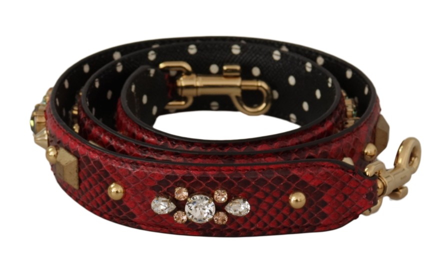 Women Dolce & Gabbana Women'S Leather Accessories | Dolce & Gabbana Red Python Leather Crystals Reversible Shoulder Strap