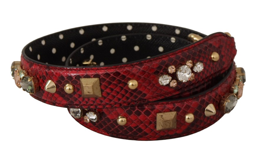 Women Dolce & Gabbana Women'S Leather Accessories | Dolce & Gabbana Red Python Leather Crystals Reversible Shoulder Strap