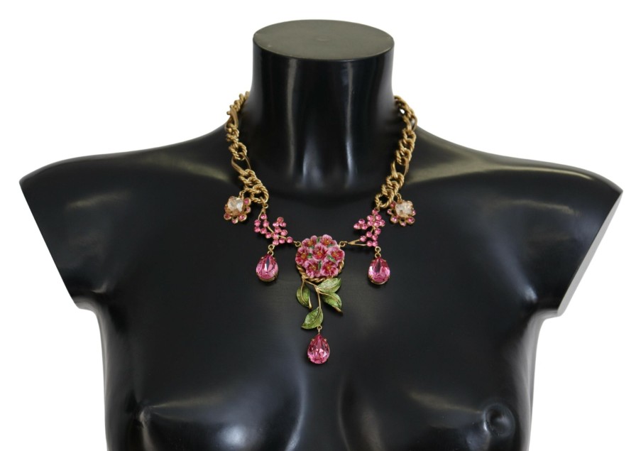 Women Dolce & Gabbana Women'S Necklaces | Dolce & Gabbana Gold Brass Chain Crystal Floral Roses Jewelry Necklace