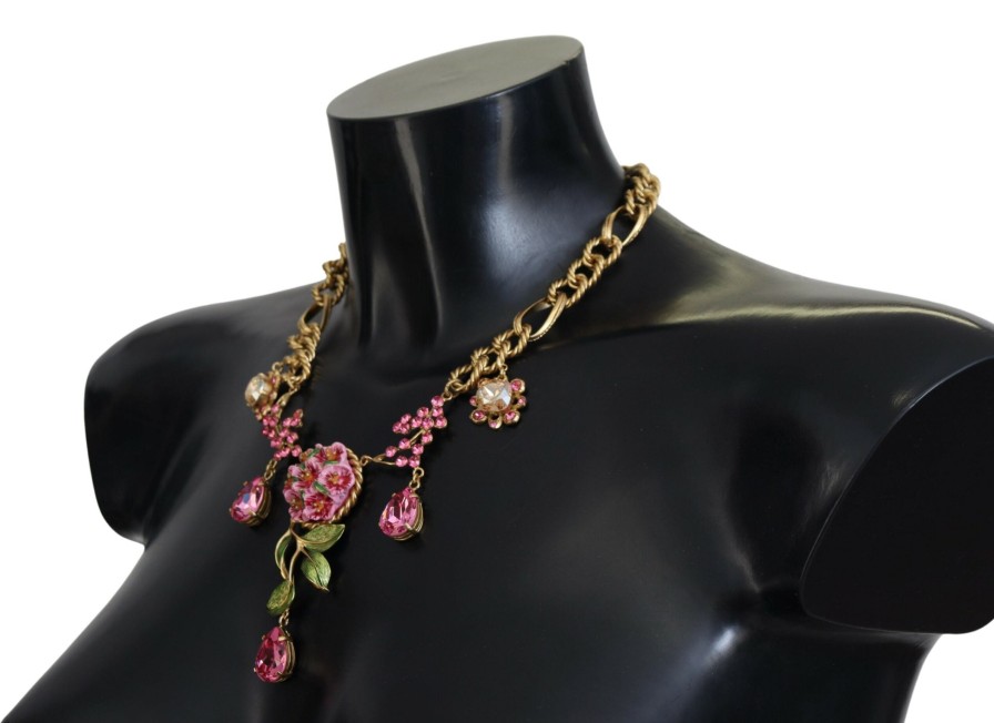 Women Dolce & Gabbana Women'S Necklaces | Dolce & Gabbana Gold Brass Chain Crystal Floral Roses Jewelry Necklace