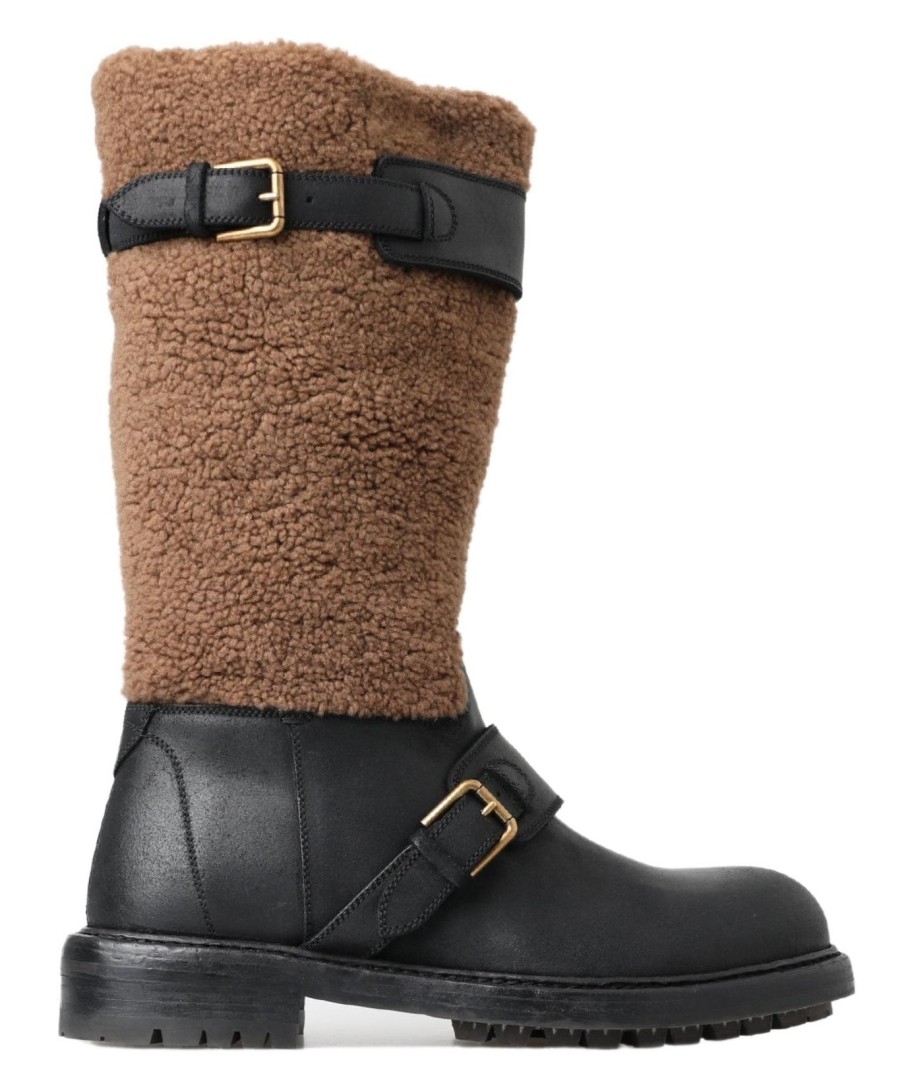 Men Dolce & Gabbana Men'S Boots | Dolce & Gabbana Black Leather Brown Shearling Boots