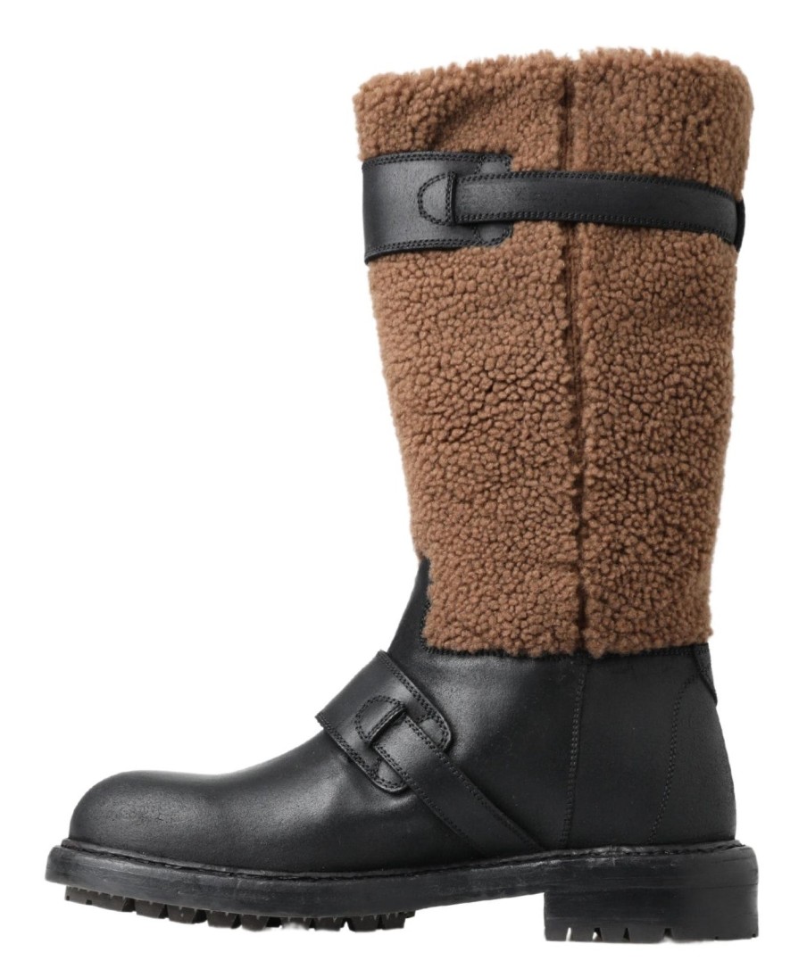 Men Dolce & Gabbana Men'S Boots | Dolce & Gabbana Black Leather Brown Shearling Boots