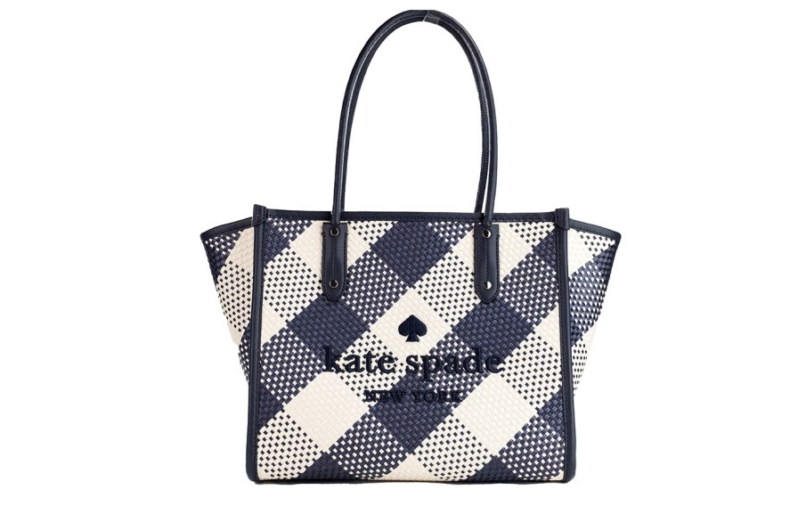 Women Kate Spade Women'S Tote Bags | Kate Spade Ella Gingham Blazer Blue Oversized Woven Shoulder Tote Bag