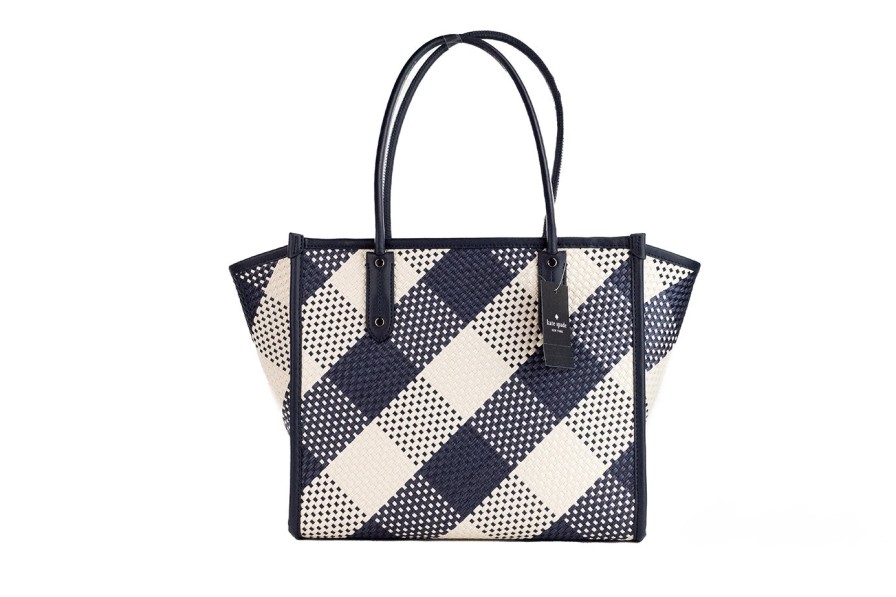 Women Kate Spade Women'S Tote Bags | Kate Spade Ella Gingham Blazer Blue Oversized Woven Shoulder Tote Bag