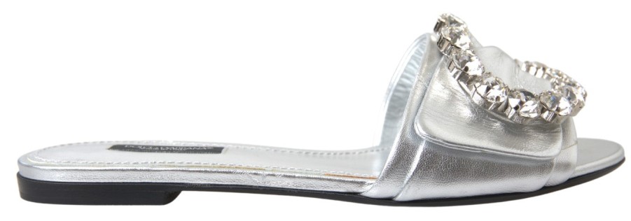 Women Dolce & Gabbana Women'S Flat Shoes | Dolce & Gabbana Silver Crystal Embellished Slides Flat Shoes