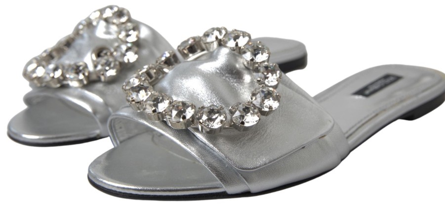 Women Dolce & Gabbana Women'S Flat Shoes | Dolce & Gabbana Silver Crystal Embellished Slides Flat Shoes