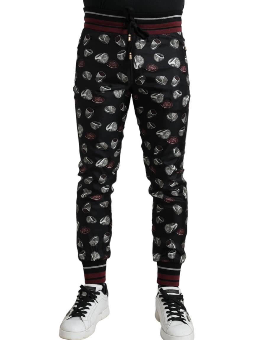 Men Dolce & Gabbana Men'S Jeans & Pants | Dolce & Gabbana Black Ring Silk Jogging Trousers Pants