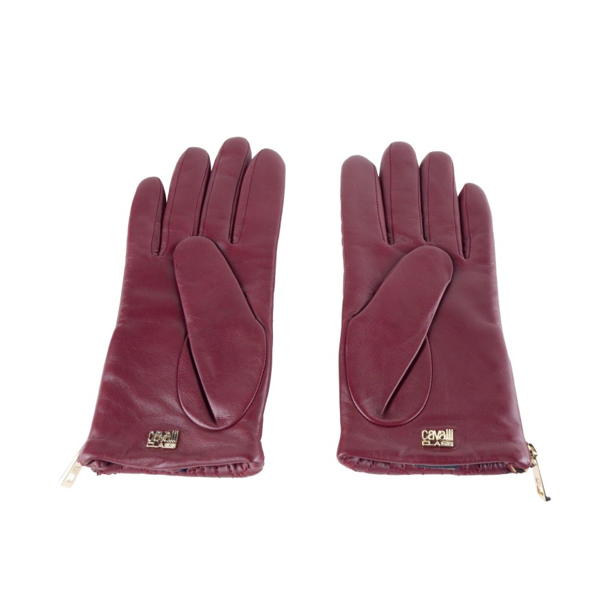 Women Cavalli Class Women'S Gloves | Cavalli Class Burgundy Lambskin Leather Gloves Delight