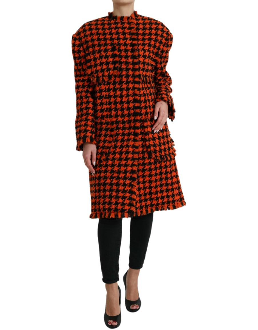 Women Dolce & Gabbana Women'S Jackets & Coats | Dolce & Gabbana Orange Houndstooth Long Sleeve Coat Jacket