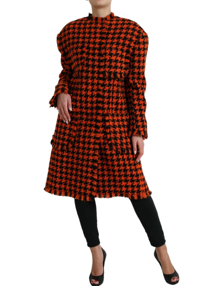 Women Dolce & Gabbana Women'S Jackets & Coats | Dolce & Gabbana Orange Houndstooth Long Sleeve Coat Jacket