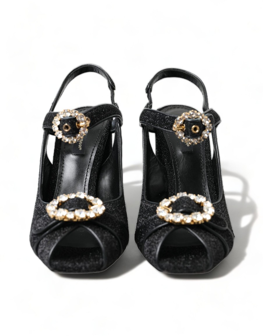 Women Dolce & Gabbana Women'S Sandals | Dolce & Gabbana Black Crystal Ankle Strap Sandals Shoes