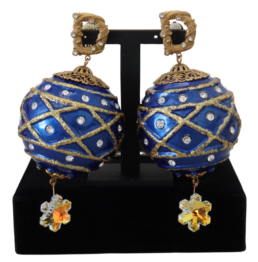 Women Dolce & Gabbana Women'S Earrings | Dolce & Gabbana Gold Brass Blue Dangle Ball Crystal Clip On Earrings