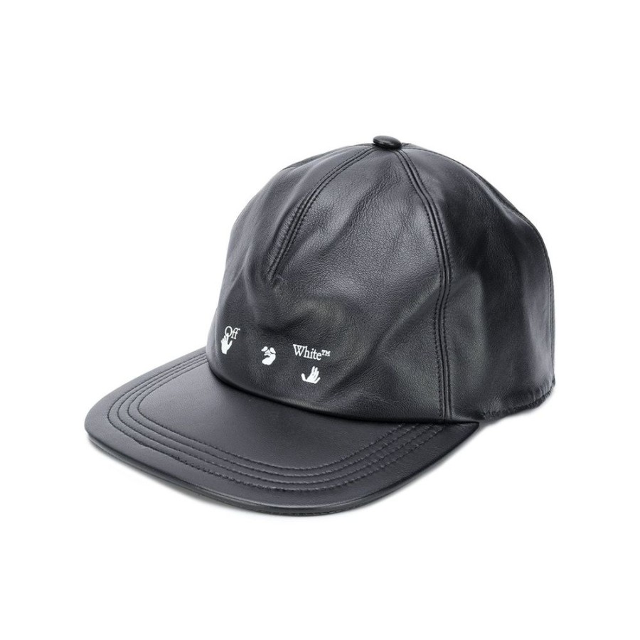 Men Off-White Men'S Hats & Caps | Off-White Elegant Black Leather Hat With Iconic Logo