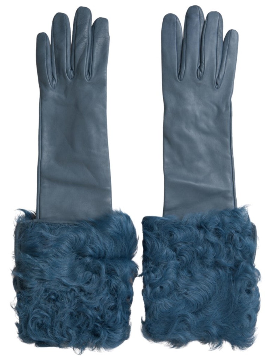 Women Dolce & Gabbana Women'S Gloves | Dolce & Gabbana Blue Leather Fur Mid Arm Length Gloves