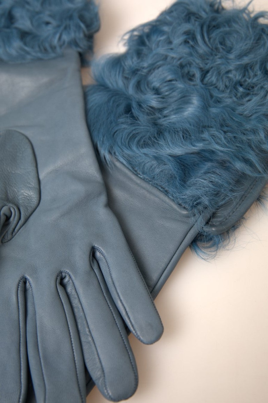 Women Dolce & Gabbana Women'S Gloves | Dolce & Gabbana Blue Leather Fur Mid Arm Length Gloves