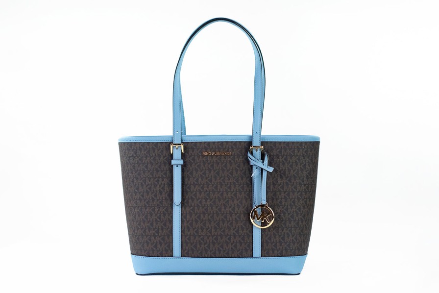 Women Michael Kors Women'S Tote Bags | Michael Kors Jet Set Travel Small Pale Blue Brown Pvc Shoulder Tote Ba