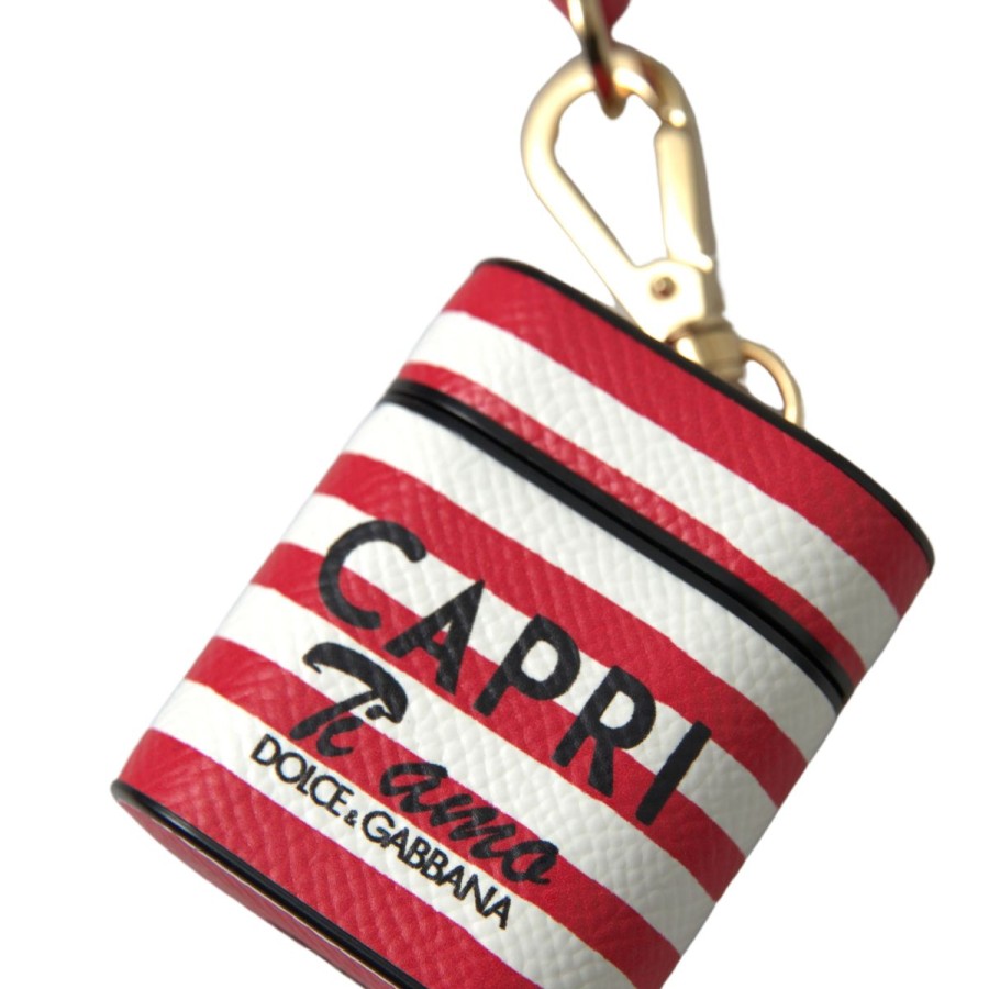 Women Dolce & Gabbana Women'S Others Accessories | Dolce & Gabbana Red Stripe Dauphine Leather Logo Print Strap Airpod Ca