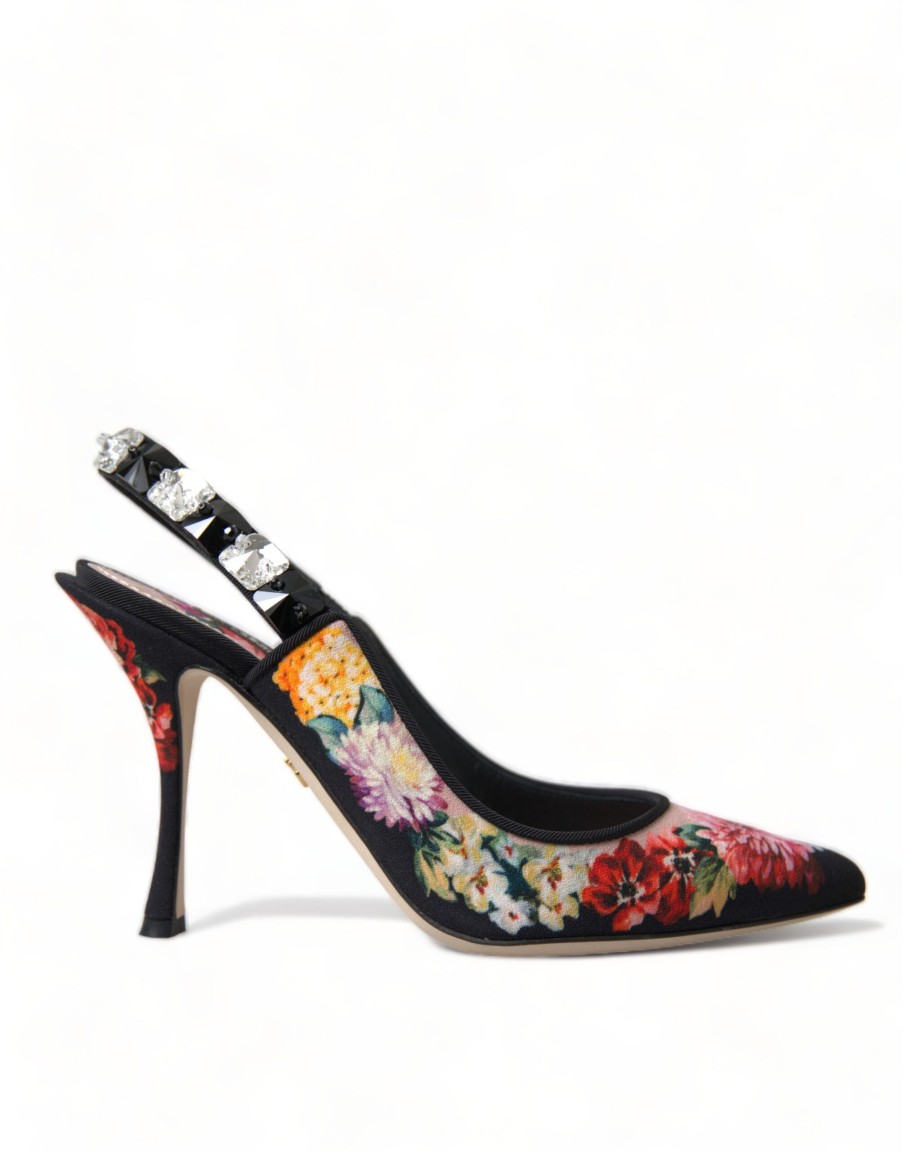 Women Dolce & Gabbana Women'S Sandals | Dolce & Gabbana Black Floral Crystal Heels Slingbacks Shoes