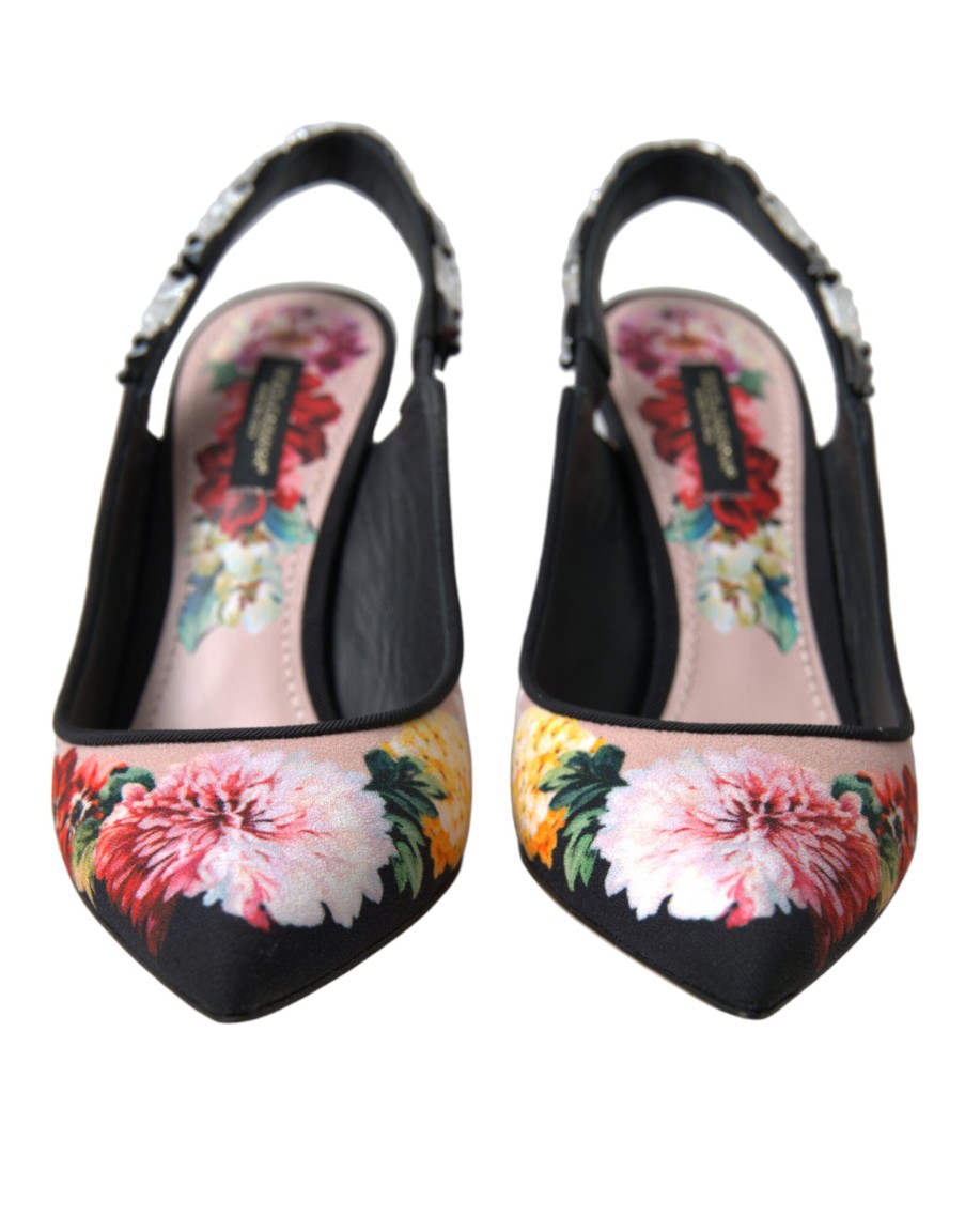 Women Dolce & Gabbana Women'S Sandals | Dolce & Gabbana Black Floral Crystal Heels Slingbacks Shoes