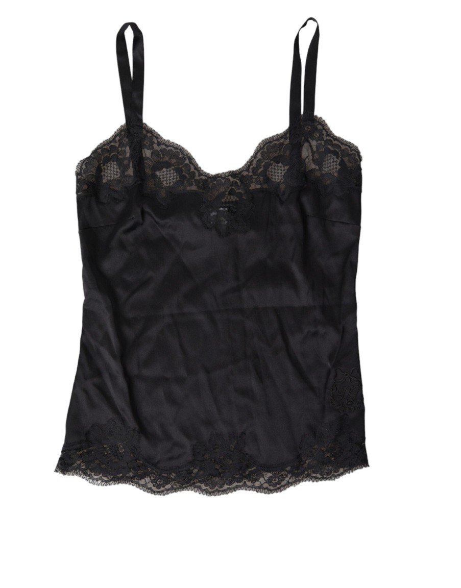 Women Dolce & Gabbana Women'S Underwear | Dolce & Gabbana Black Lace Silk Sleepwear Camisole Top Underwear