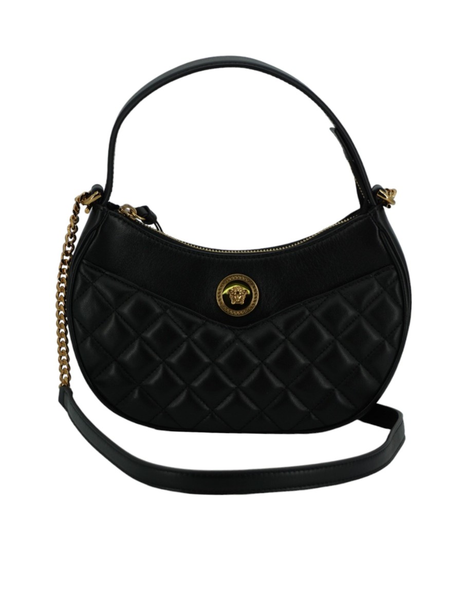 Women Versace Women'S Crossbody Bags | Versace Black Leather Half Moon Shoulder Bag