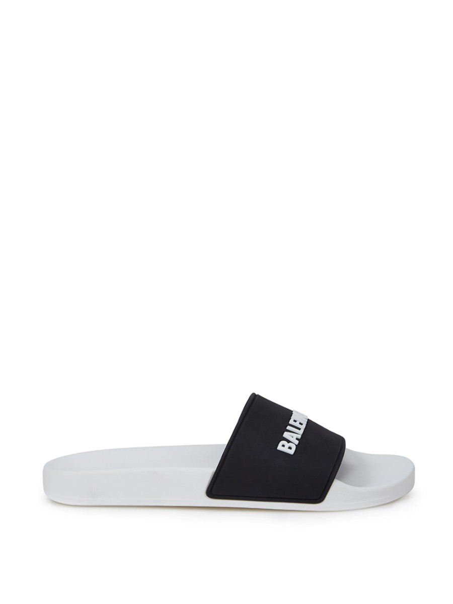 Men Balenciaga Men'S Slide Sandals | Balenciaga White/Black Pool Slide With Logo