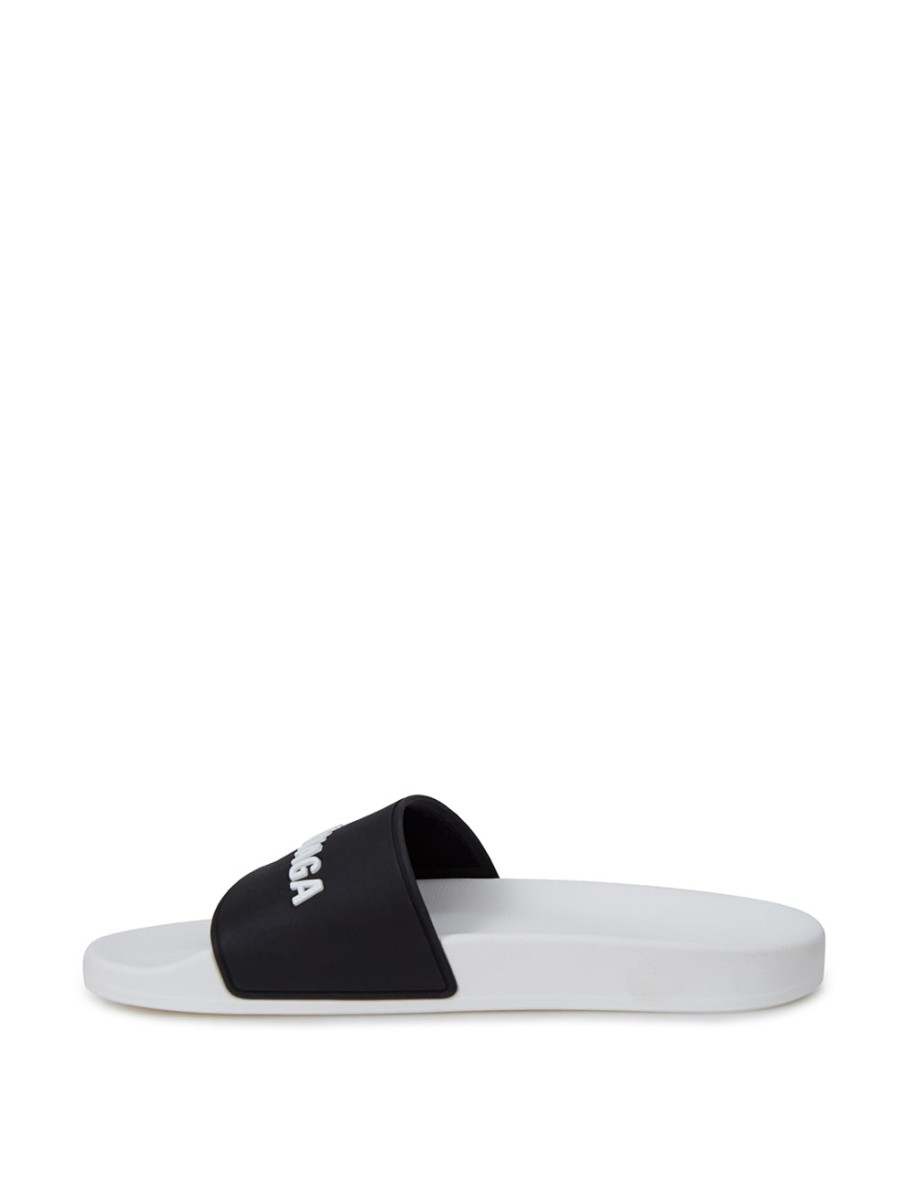 Men Balenciaga Men'S Slide Sandals | Balenciaga White/Black Pool Slide With Logo