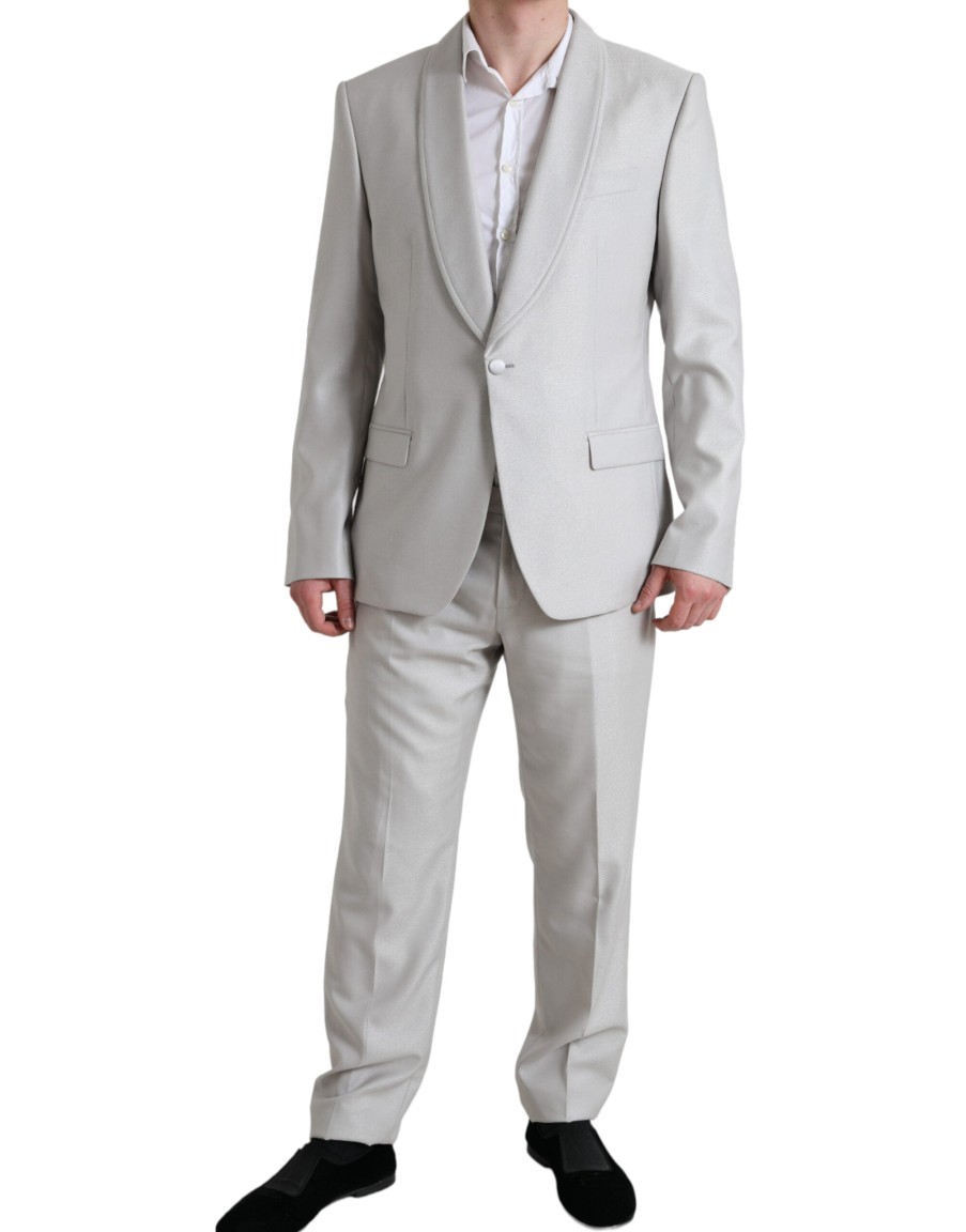 Men Dolce & Gabbana Men'S Suits | Dolce & Gabbana Silver Wool Silk 2 Piece Slim Fit Suit