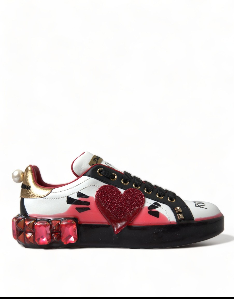 Women Dolce & Gabbana Women'S Sneakers | Dolce & Gabbana White Red Crystals Portofino Sneakers Women Shoes