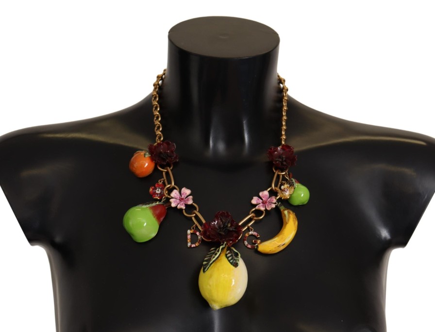 Women Dolce & Gabbana Women'S Necklaces | Dolce & Gabbana Gold Brass Sicily Fruits Roses Statement Necklace