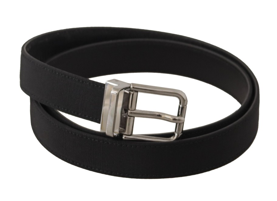 Men Dolce & Gabbana Men'S Belts | Dolce & Gabbana Black Canvas Leather Silver Metal Buckle Belt