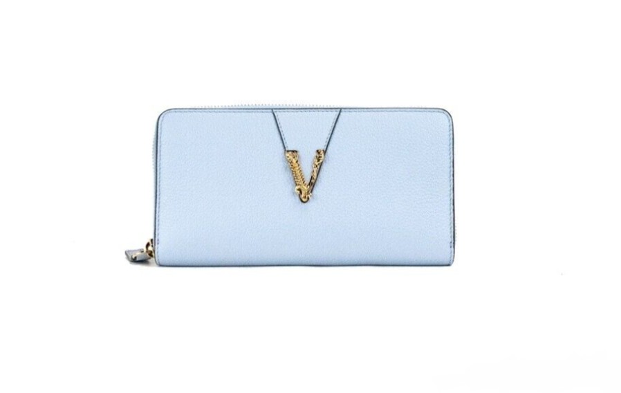 Women Versace Women'S Clutch Bags | Versace Large Cornflower Grainy Leather Gold Monogram Zip Around Clutc