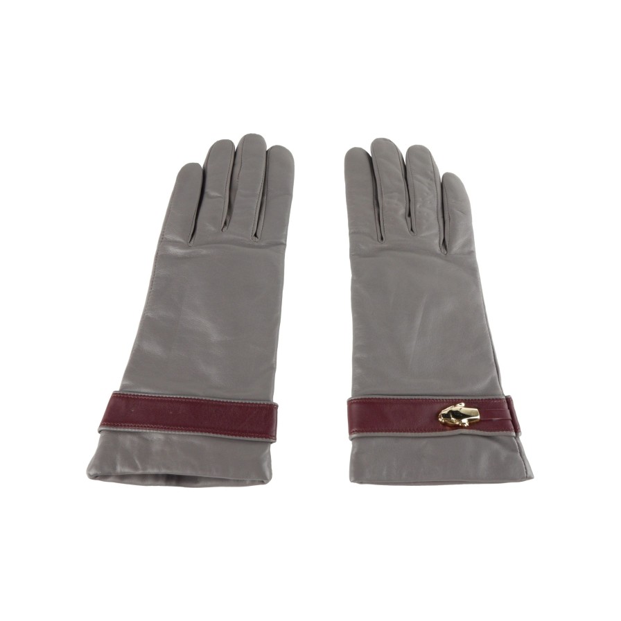 Women Cavalli Class Women'S Gloves | Cavalli Class Elegant Lambskin Leather Gloves In Grey/Burgundy