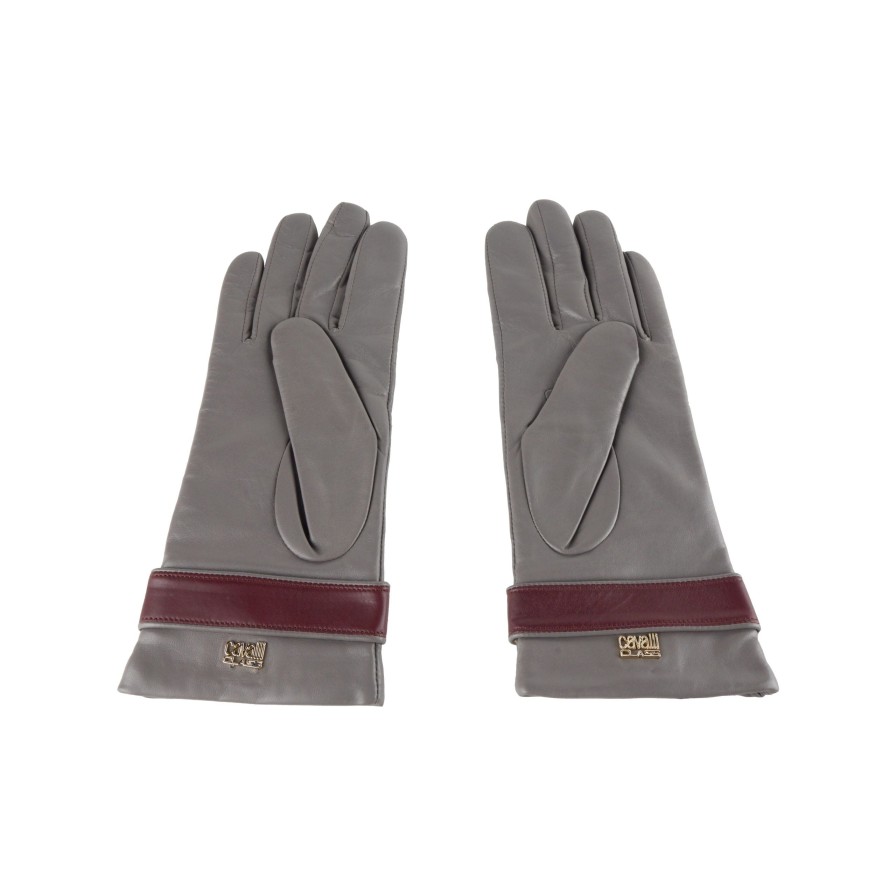 Women Cavalli Class Women'S Gloves | Cavalli Class Elegant Lambskin Leather Gloves In Grey/Burgundy