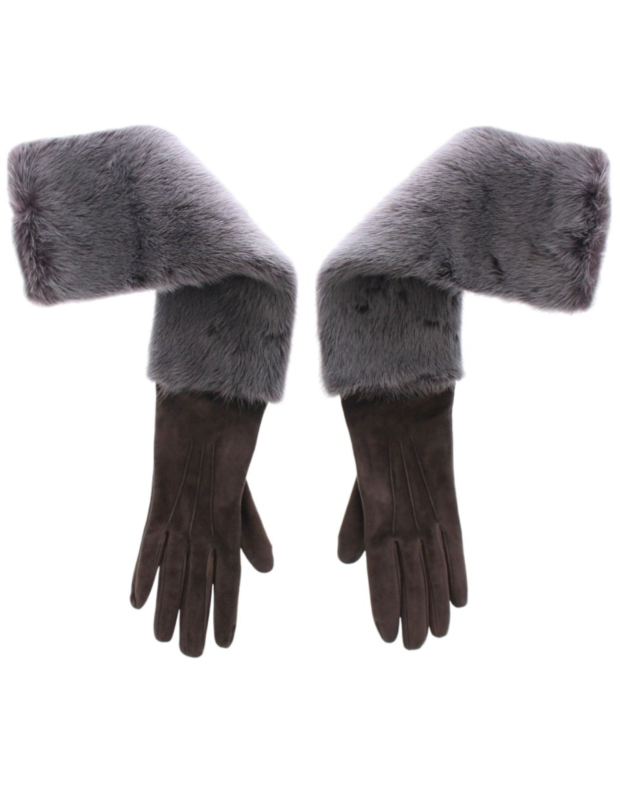 Women Dolce & Gabbana Women'S Gloves | Dolce & Gabbana Gray Mink Fur Lambskin Suede Leather Gloves