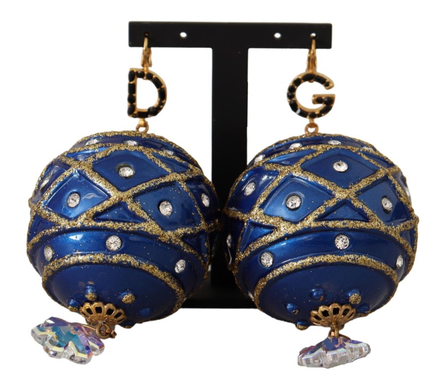 Women Dolce & Gabbana Women'S Earrings | Dolce & Gabbana Blue Christmas Ball Crystal Hook Gold Brass Earrings