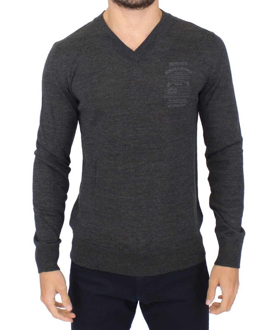 Men Ermanno Scervino Men'S Sleepwear | Ermanno Scervino Gray Wool Blend V-Neck Pullover Sweater