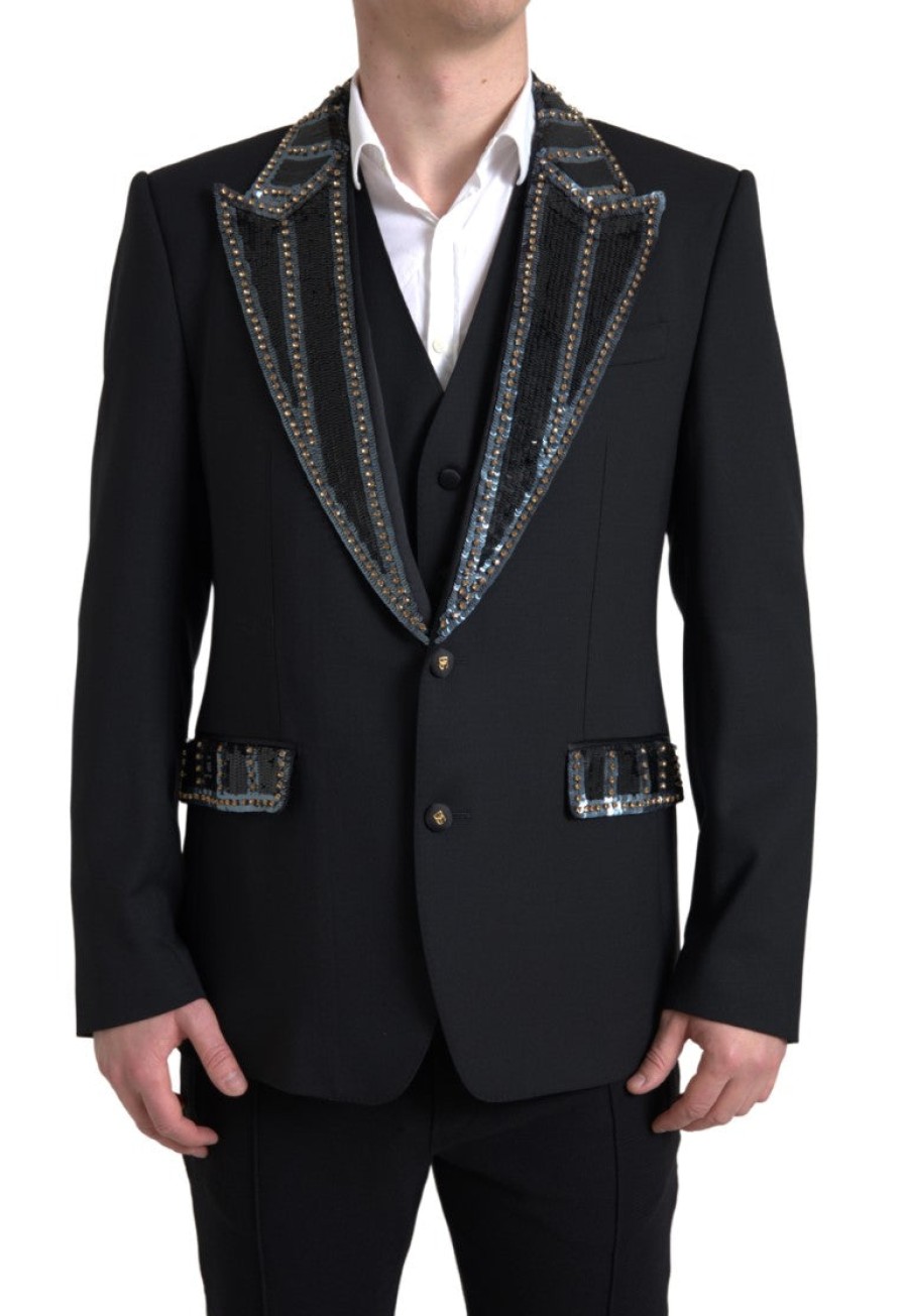 Men Dolce & Gabbana Men'S Suits | Dolce & Gabbana Black Embellished Wool 2 Piece Sicilia Suit