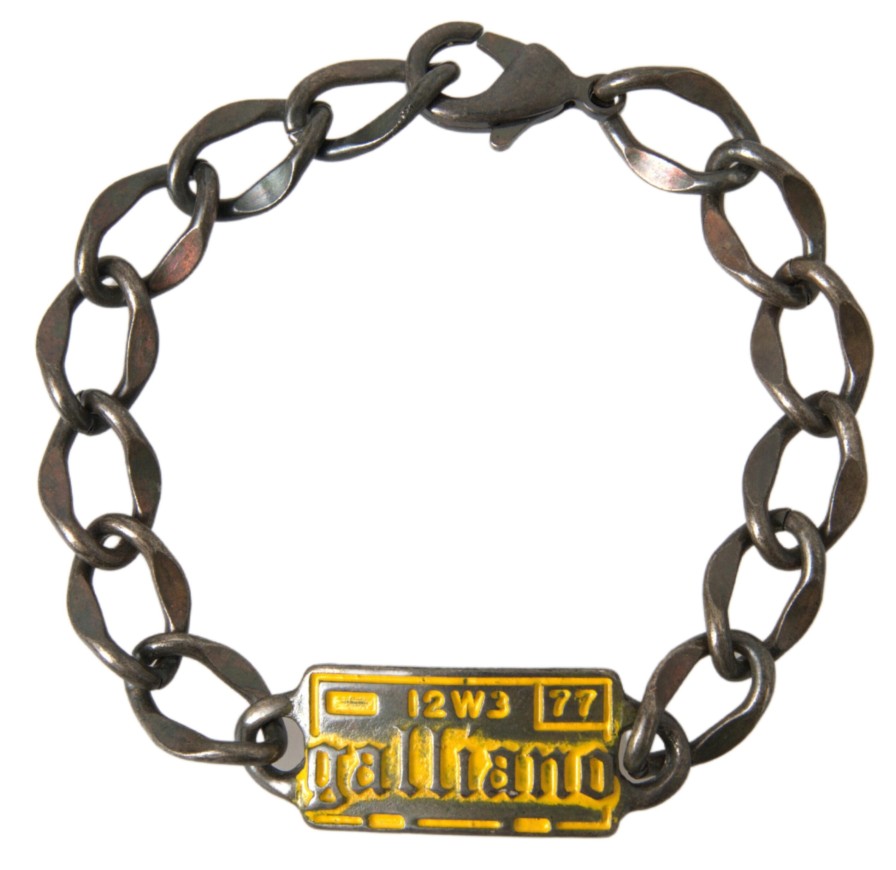 Women John Galliano Women'S Bracelets | John Galliano Silver Tone Brass Chain Logo Plaque Branded Antique Brac